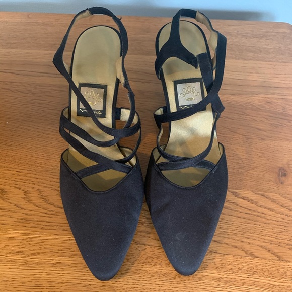 Nina Black Satin Strappy Leather Heels Size 8.5 - Picture 1 of 5
